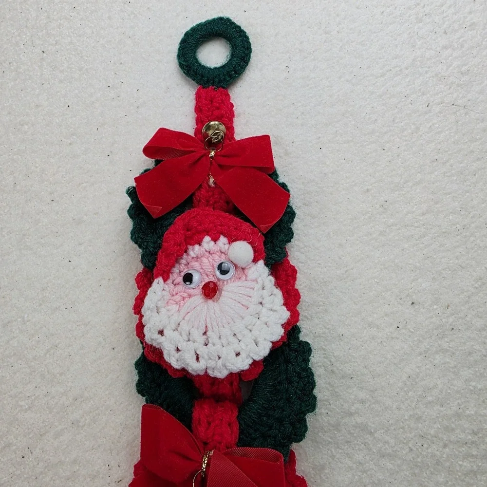Vintage Santa Crochet Christmas Door Hanger Decor Mid Century Kitsch 32